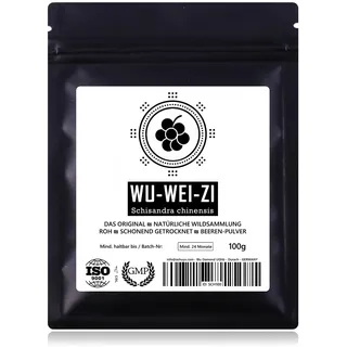 WU-WEI-ZI Schisandra Beeren-Pulver - Natürliche Gebirgs-Wildsammlung | TOP-Qualität vom Original | 100% rein + laborgeprüft | GMP + ISO-9001 zertifiziert | perfekt als Tee | schonend getrocknet | 100g