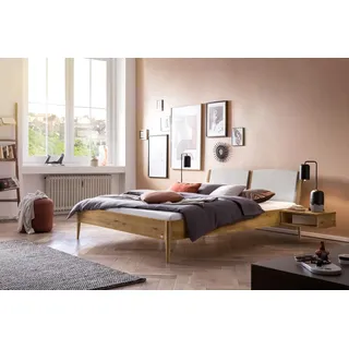 Hasena Massivholzbett, Kopfteil gepolstert Pistoia, Farbe: Wildeiche natur, geölt, Bezugsfarbe: Pepe grey, verschiedene Größen - 20 cm/180 x 210 cm