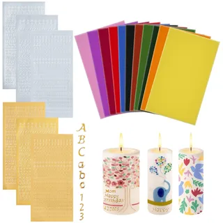 24 Stück Wachsplatten zum Kerzen Verzieren mit 6 Wachsbuchstaben für Kerzen, 12 Farben Wachsplatten, Buchstaben Aufkleber Gold Silver, Für Kommunion, Taufe und Basteln, DIY Kerzenkunst