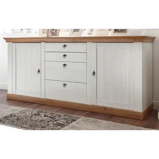 Sideboard "Hemsby" in weiß Pinie und Eiche Wotan Landhaus Kommode 210 x 91 cm - Weiß, Naturbelassen