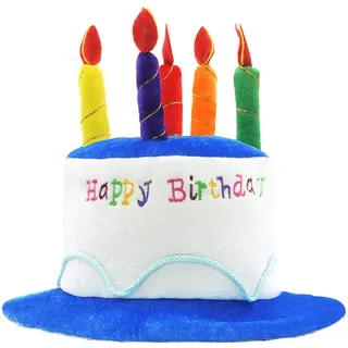 Novelty Place Kuchenhut aus Plüsch mit Aufschrift „Happy Birthday“, Unisex, Erwachsenengröße, ideal als Partygeschenk, Kostümzubehör, Kuchen und 5 mehrfarbige Kerzen