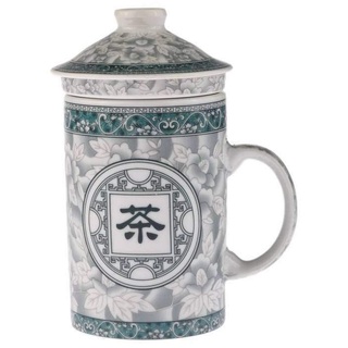 Lachineuse - Chinesische Tasse "Chinesische Schriftzeichen" - Porzellan Teetasse mit Sieb & Deckel - Farben Grün & Weiß - Traditionelles chinesisches Geschirr - Asiatische Geschenkidee