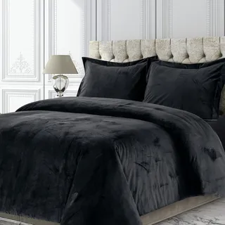 Tribeca Living VeniceduvetquBL Venice Bettbezug-Set, Samt, Übergröße, einfarbig, Queensize, Schwarz