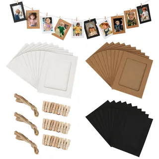 HUILATE 30 Stück Fotogirlande, Aufhängen Papier Bilderrahmen 11.5x15.5 cm Papier Bilderrahmen mit 30 Holzklammern und Hanfschnur, Fotoleine mit Klammern Aus Pappe Set für Zuhause, Schule und Partys