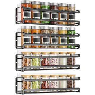 Sayudar Gewürzregal Wand Ohne Bohren im 4er-Set - Rostfrei & Stabil mit Fallschutz, Gewürzregal Kleben für Schranktür, Speisekammer & Fliesen, Wandregal Küche Schwarz aus Edelstahl, 29 x 7 x 7 cm