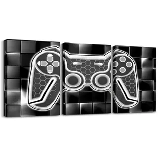 Loussiesd Gamer 3er Poster Set für Wohnzimmer Grau und Schwarz Bild Leinwandbilder Gaming Ombre Büro Wandbilder Geometrische Quadrat Deko Bilder