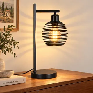ZMH Tischlampe mit Kabel Schwarz Vintage E27 Nachttischlampe Wohnzimmer | Tischleuchte Offener Spiral-Lampenschirm aus Metall im Industrial Design Nachtischlampe für Schlafzimmer - ohne Leuchtmittel