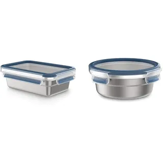 Emsa Clip & Close Edelstahl Frischhaltedosen Set | Rechteckig 0,5 L & Rund 0,7 L | Blau