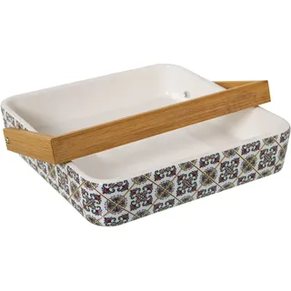 DRW Serviettenhalter aus Keramik und Holzgriff mit Quadraten, 18 x 18 x 4 cm