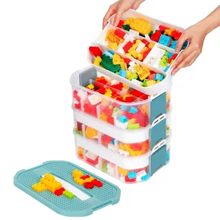 Aufbewahrungsbox für Kinder Aufbewahrung mit Deckel Kunststoff Bausteine Aufbewahrungsboxen Organizer 3 Stufen Stapelboxen Staubox Ordnungsboxen Trennbare Sortierbox Spielzeugkiste Kinderzimmer Box