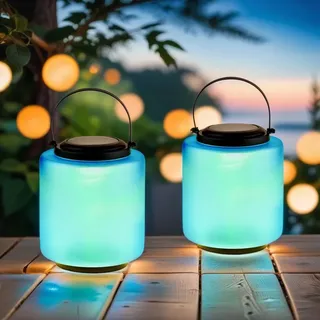 2er Set Moderne Glas Solarlaterne Laterne Lampe Balkon Garten Deko Modern Erlin Blau