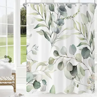 GCIREC Eukalyptus Blatt Duschvorhänge, Salbei grün Frühling botanische Aquarell Pflanzen Bad Vorhänge Badewanne Home Decor wasserdicht Stoff Maschine waschbar mit 12 PCS Haken,180x200cm