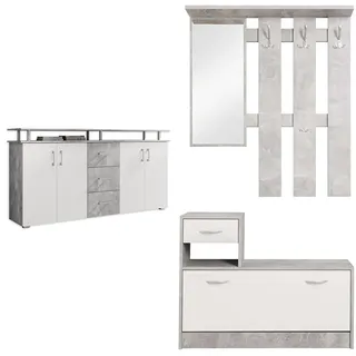 Stella Trading Lift Highboard mit Ablage in Beton Optik, Weiß & mit Spiegel weiß matt - Kompaktgarderobe Korpus Beton Optik - 100 x 190 x 26 cm (B/H/T)