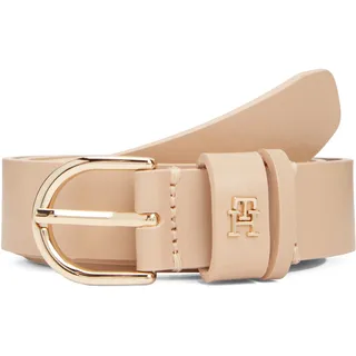 Ledergürtel TOMMY HILFIGER "ESSENTIAL EFFORTLESS 2.5 cm breit GOLD", Damen, Gr. 130, clayed pebble, Rindsleder, Gürtel Ledergürtel, Logoemblem, weiche Haptik, ovale Einfachdornschließe