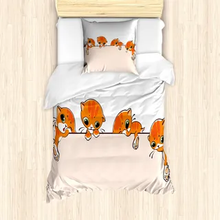 ABAKUHAUS Katze Mantele, Banner mit kleinen Kätzchen, Milbensicher Allergiker geeignet mit Kissenbezügen, 135 cm x 200 cm - 80 x 80 cm, Orange Creme Weiß - Orange