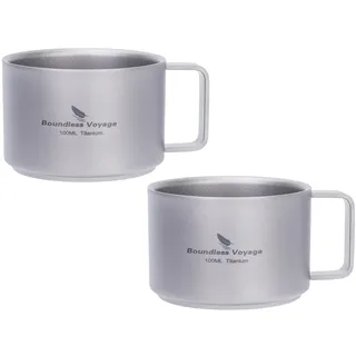 iBasingo 100ml Titan Espressobecher Camping Espressotasse 2 Pack Ti3085D | Ultraleicht Doppelwandige Becher Mini Kaffeebecher mit Griff, Klein Trinkbecher für Wandern Trekking Picknick
