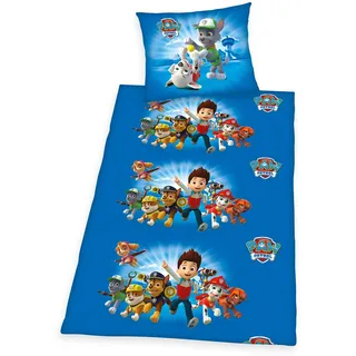 Herding Paw Patrol Bettwäsche-Set, Wendemotiv, Kopfkissenbezug 70 x 90 cm, Bettbezug 140 x 200 cm, Blau/Mehrfarbig, Baumwolle/Linon