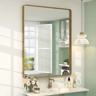 CHARMOR Spiegel mit goldfarbenem Rahmen, Spiegel für Badezimmer, gebürsteter Goldspiegel mit Metallrahmen, moderner rechteckiger Messing-Kosmetikspiegel für die Wand, bruchsicher, rostfrei