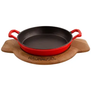 Sallys Gusseisen - Servierpfanne rund Ø 20 cm - mit Echtholzuntersetzer - Tomatenrot