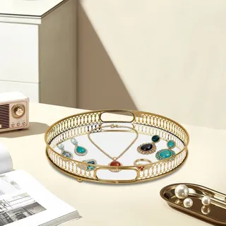 Spiegeltablett - Rundes Schmucktablett - Spiegelglas - Für Schmuck und Kleinteile - Für Tisch/Schminktisch - Vintage Stil - Hellgelb