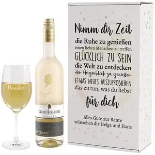 Herz & Heim® Rente Geschenk mit gravierten Leonardo Weinglas und Maybach Weißwein zur Auswahl Grauer Burgunder/Rivaner