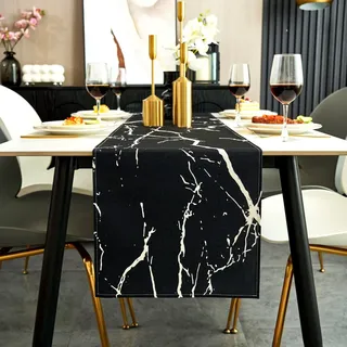 Jayusaror Tischläufer Modern Herbst Schwarz und Weiß Leinen Marmor Textur Abstrakte Kunst Waschbarer Tischläufer für Kaffee, Esszimmer, Kommode, Beistelltisch, Schlafzimmer, 40 x 100 cm