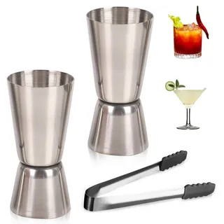Cocktail Messbecher, 2 Stück Jigger 2cl/4cl mit Eiszange Doppelter Barmaß Edelstahl Spirituosen Messbecher Doppelmaß Bar Cup für Gin Whiske Bar Zubehör