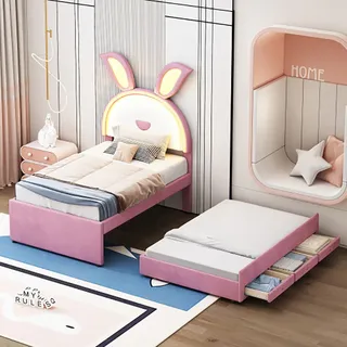 Sweiko Kinderbett Polsterbett 90 x 200 cm,Samtstoff Multifunktionales gepolstertes Einzelbett-Schlafsofa, farbwechselndem LED-Licht, Rosa - Rosa