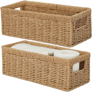 Vagusicc Aufbewahrungskorb mit Tragegriffen, Dekorativer Korb 2er Set geflochten aus Recyclebarem Papierseil für Bad, Küche, Wohnbereich | 35x15x12cm | Jute