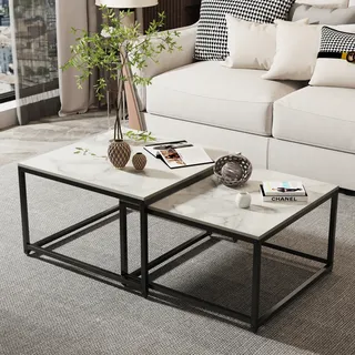 WISFOR 2er Set Couchtisch mit Eisengestell, Satztisch Marmor Optik, Kaffeetisch Sofatisch Wohnzimmertisch Modern, weiß - Weiß