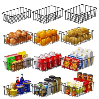 12 Stück Drahtkorb zum Organisieren mit Etiketten, Speisekammer für Schränke - Metallkorb für Küche, Waschküche, Garage, Kühlschrank, Badezimmer (Schwarz)