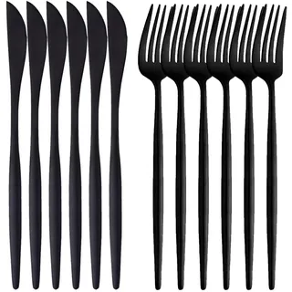 TUPMFG 12-teilige Matte Schwarz Besteckset besteht aus 6 Essmesser 6-Gabeln, 18/10 Edelstahl, SpüLmaschinenfest