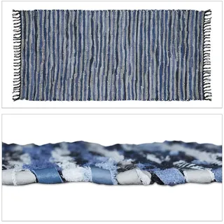 Relaxdays Flickenteppich Leder, & Baumwolle Blau,Grau,Schwarz