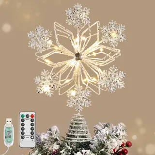 Lewondr Weihnachtsbaumspitze Schneeflocke, 8,66'' Glitzernde Christbaumspitze mit 20 LED Birnen, 6 Std. Timer & 8 Modi USB-Fernbedienung, Baumspitze Tannenbaum Spitze Weihnachtsdeko für Innen, Weiß