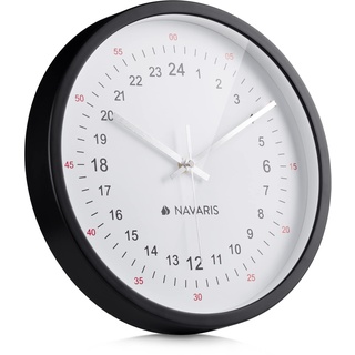 Navaris 24h Wanduhr schwarz rund mit weißem Ziffernblatt - 30 x 30 x 4cm - analoge Uhr zum Aufhängen mit 24 Stunden Zifferblatt - leise Wand Uhr