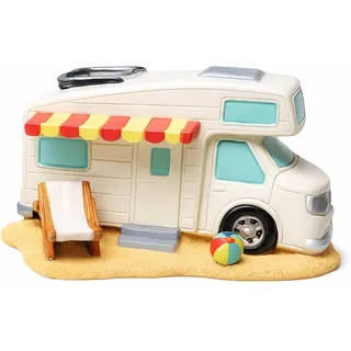 Spardose Wohnmobil aus Keramik – Camper mit Markise & Stuhl – Deko Sparbüchse für Reisen & Camping – Geschenkidee – 16,5 × 9,5 cm