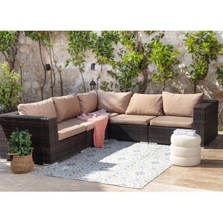 Livabliss Outdoor Teppich wetterfest, Aveiro - In und Outdoor Teppich für Balkon 160x213 cm Terrasse Garten, Küche - Outdoor Teppich Boho Style, Teppich für draußen - Teppich Elfenbein, Blau, Senfgelb