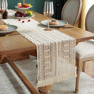 ZCXG 30cm x 200cm Quasten Tischläufer,Beige Makramee Tischläufer Boho,Fransen Tischläufer,Table Runner für böhmische rustikale Hochzeit Brautdusche Bauernhaus Esstisch Leinen Dekorativ