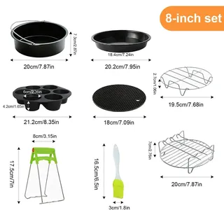 Heißluftfritteusen Zubehör-Set - 8 Zoll (20,3 cm) 10-teilig - Edelstahl - Für 5–6,8 QT - Mit Kuchenform & Pizzablech - Hellgrau