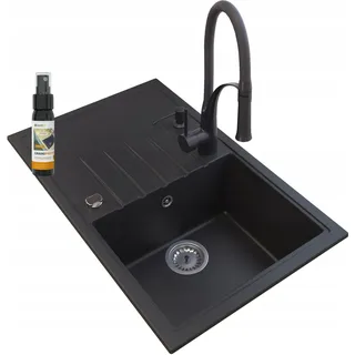 Granitan | Granitspüle - Spülbecken - 78,5x49,5 cm - Schwarz - Küchenarmatur NEXO - mit Abtropfgestell - ERIS