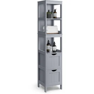 VASAGLE Badezimmerschrank, Schrank freistehend, Badezimmermöbel, mit 2 Schubladen, offenen Fächern, für Badezimmer, Wohnzimmer, Küche, modern, Taubengrau BBC66G02