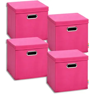 Storanda | 4er Set Aufbewahrungsbox mit Deckel 28x28x28 cm | Beiseitig Breite Griffe | Stabil & Faltbar | Regalbox für Würfelregal | Pink