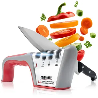 COM-FOUR® Premium Messerschärfer mit 4 Stufen, auch für Scheren geeignet - Profi Messerschleifer manuell mit praktischen Griff und Anti-Rutsch Beschichtung (1 Stück - silberfarben. grau. rot)