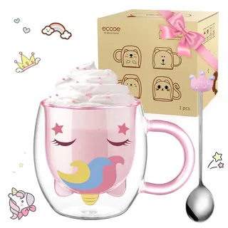 ecooe Doppelwandige Süße Einhorn Latte Macchiato Gläser Kaffeetasse 280 ml Kaffeeglas Teegläser für Cappuccino, Latte Macchiato,Tee, Milch, Geburtstag Valentinstag für Frauen Männer Kinder