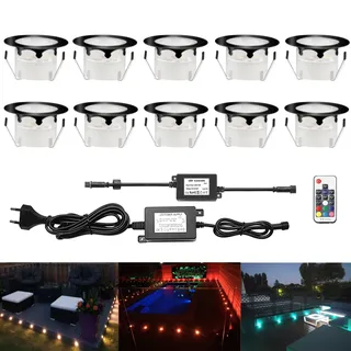 CHNXU 10er Set Terrassen Einbaustrahler RGBWW Boden Einbauleuchten Außen RGB + Warmweiß LED Treppen Beleuchtung Ø45mm Bodeneinbaustrahler IP67 Wasserdicht Einbauspots für Garten Küche Balkon, Schwarz