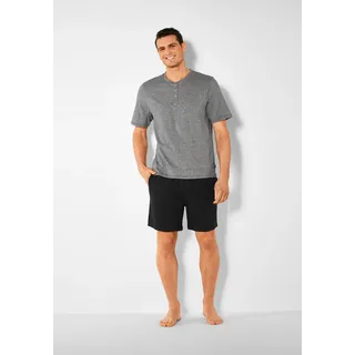 Pyjama S.OLIVER, Herren, Gr. 52/54 (L), schwarz (grau, meliert, schwarz), Jersey, Obermaterial: 95% Baumwolle, 5% Elasthan, meliert, Basic, bequem kurz, Rundhals, abgesteppte Kante, Homewear-Sets Pyjama, Schlafanzug in Melange-Optik mit Knopfleiste