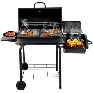 Grillwagen Holzkohlegrill 147 x 70 x 126 cm Freistehend für den Außenbereich Campingofen Gartengrill mit Thermometer und Holzkohle-Aschebox