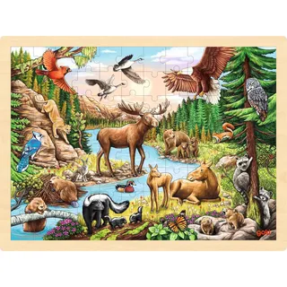 GoKi 57409 - Einlegepuzzle Nordamerikanische Wildnis aus Holz, Holzpuzzle mit Tiermotiv, Lernspielzeug und Kinderpuzzle, fördert Fantasie und Motorik der Kinder, 40cm x 30cm, 96er Set, ab 3 Jahre
