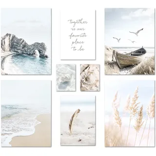 ARTFAVES® Poster Set - NORTH SEA MAGIC - mehrteilige Wanddeko Wohnzimmer & Schlafzimmer - 8 moderne Wandbilder nordsee, strand, maritim, küste, sommer, blau, hellblau, meer - ohne Bilderrahmen