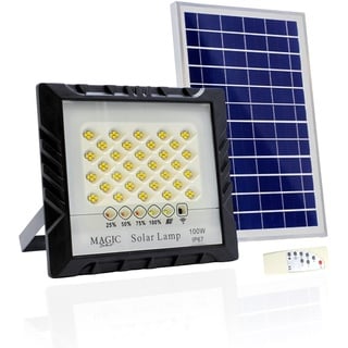 MAGIC SELECT Wand Solar Flutlicht 100W-128LED mit Photovoltaik Solarmodul mit Fernbedienung, Automatischem Zündsensor. IP67 Solarstrahler für Terrasse, Garten, Garagenbeleuchtung.